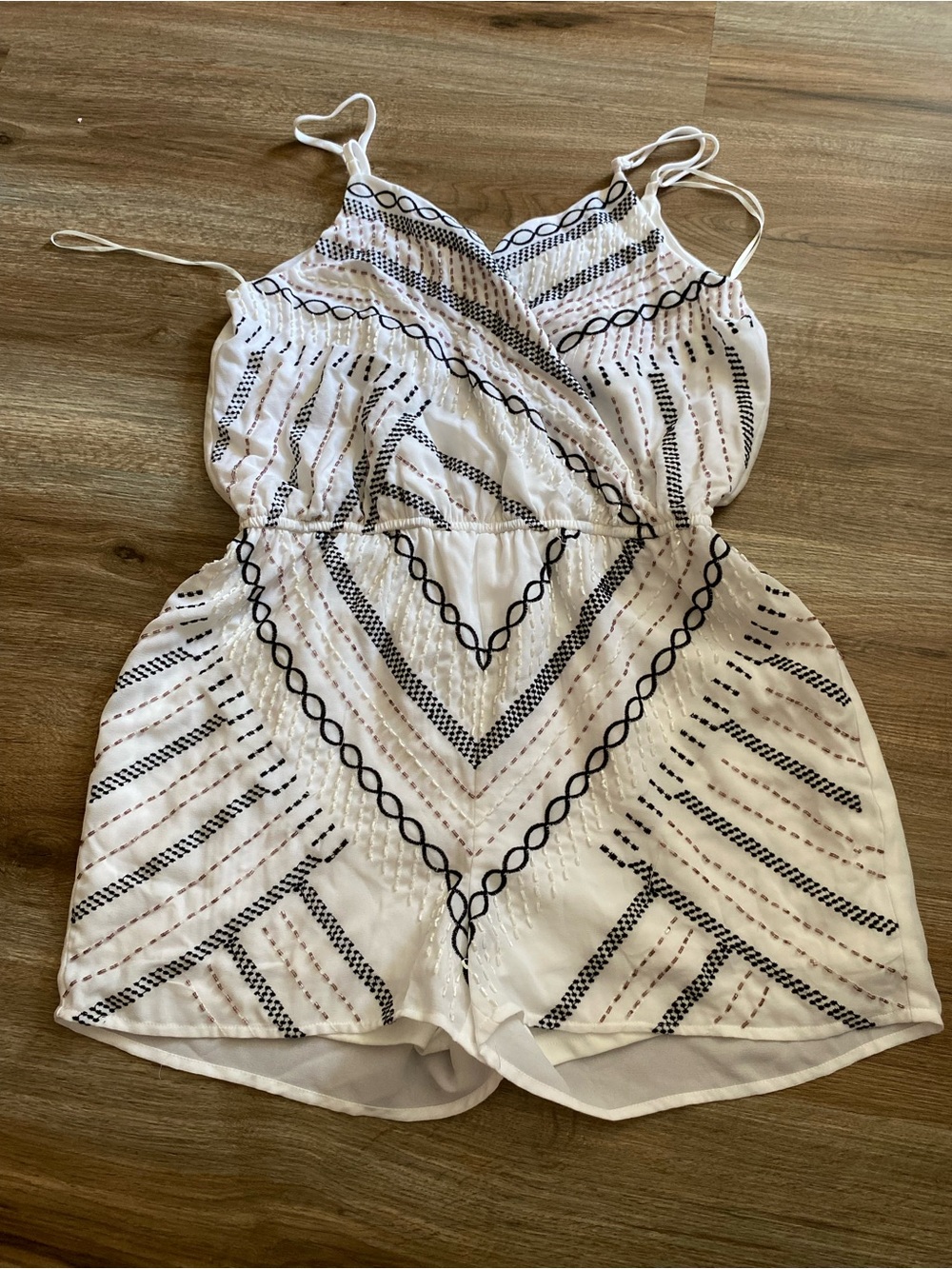 C. Luce White Top with Black Embroidered Geometric Trim